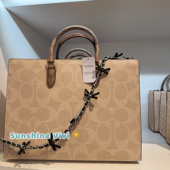 NWT Bundle Coach Chain Strap Bows Silver/Black cy260 & CY677 Large Maggie Sand - Picture 8 of 12